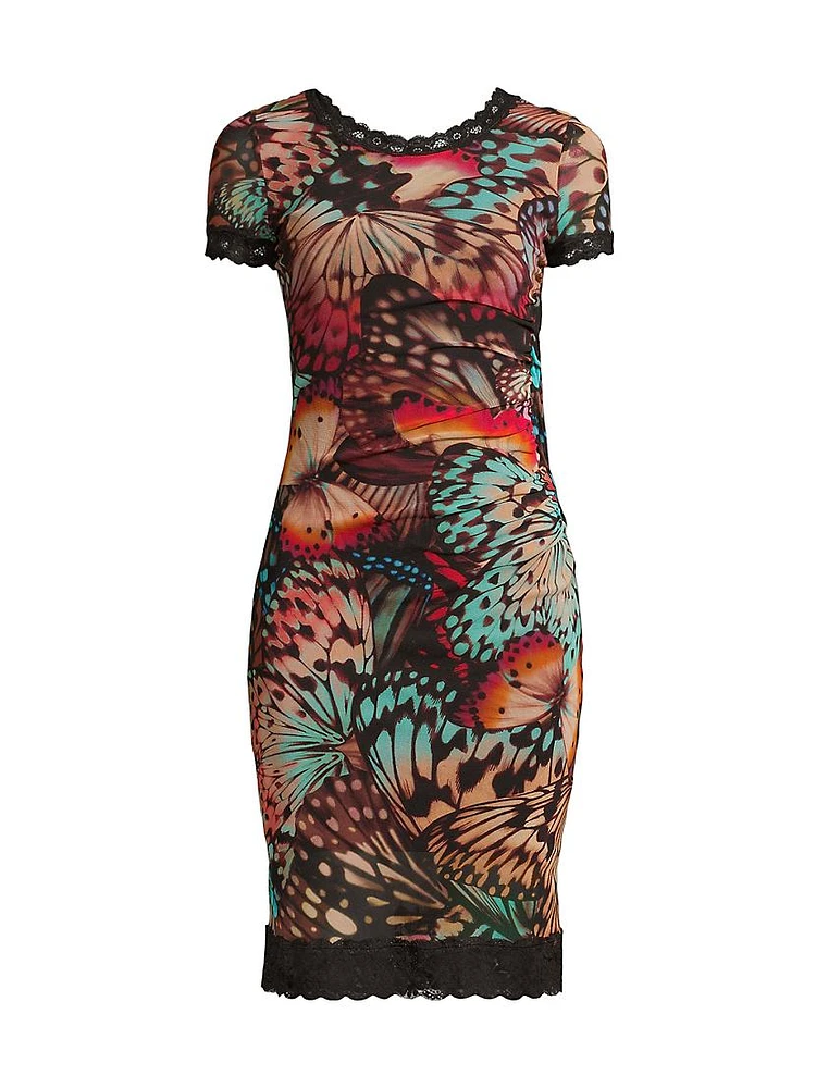 Abito Butterfly-Print Lace-Trimmed Mesh Minidress