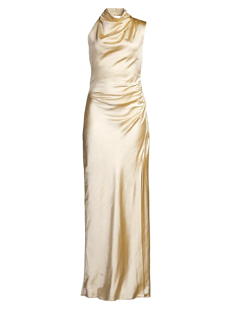 Constantina Satin Ruched Asymmetric Maxi Dress