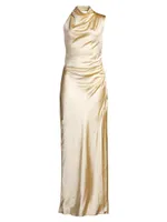 Constantina Satin Ruched Asymmetric Maxi Dress