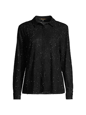 Lucia Embellished Stretch Lace Button-Front Blouse