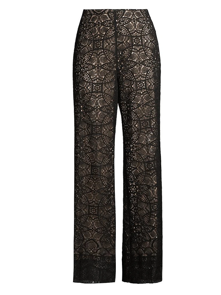 Piper Geometric Cotton-Blend Chantilly Lace Flare Pants