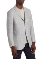 Cashmere-Linen Plaid Three-Button Sport Coat