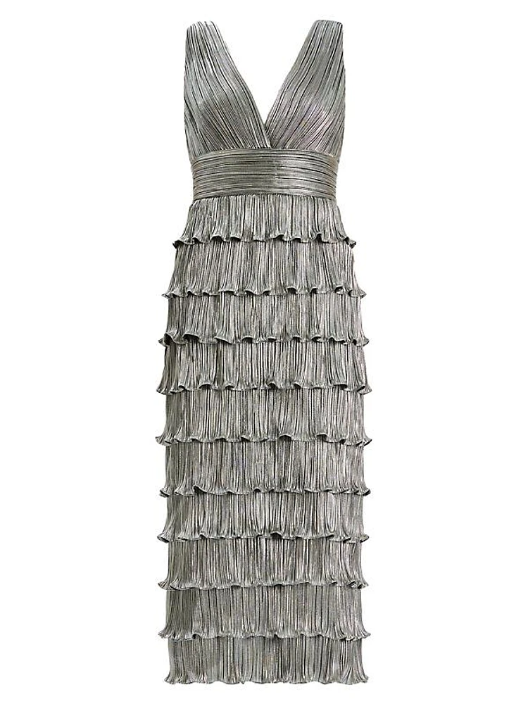 Pleated Metallic Ruffled Midi-Dress