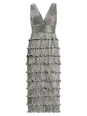 Pleated Metallic Ruffled Midi-Dress