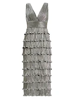 Pleated Metallic Ruffled Midi-Dress