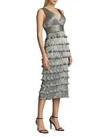 Pleated Metallic Ruffled Midi-Dress