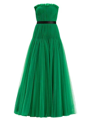 Pleated Tulle Strapless Gown