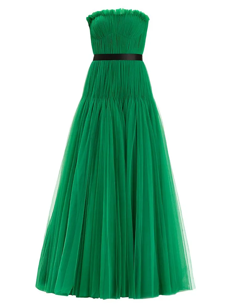 Pleated Tulle Strapless Gown