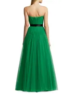 Pleated Tulle Strapless Gown