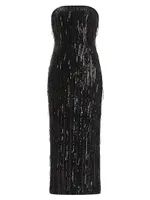 Strapless Sequined & Beaded Fringe Midi-Dress