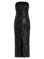 Strapless Sequined & Beaded Fringe Midi-Dress