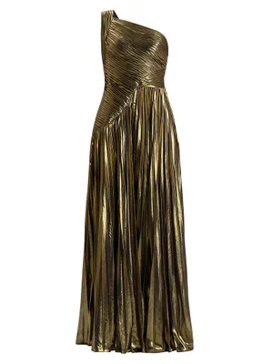 Metallic Chiffon One-Shoulder Gown