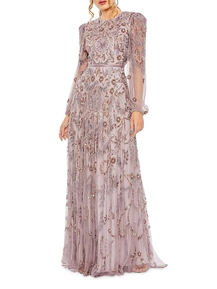 Beaded & Sequined Puff-Sleeve Gown