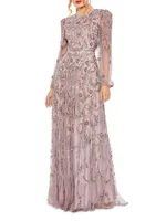 Beaded & Sequined Puff-Sleeve Gown