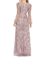 Beaded & Sequined Puff-Sleeve Gown