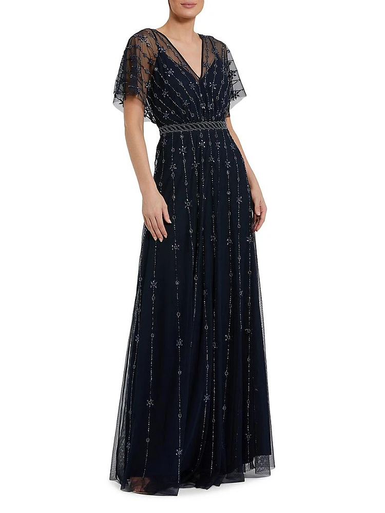 Crystal-Embellished Flutter-Sleeve A-Line Gown