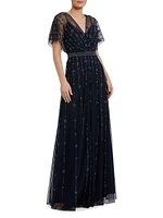 Crystal-Embellished Flutter-Sleeve A-Line Gown