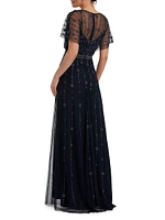 Crystal-Embellished Flutter-Sleeve A-Line Gown