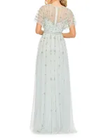 Crystal-Embellished Flutter-Sleeve A-Line Gown