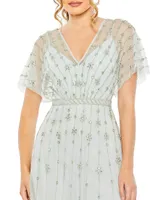 Crystal-Embellished Flutter-Sleeve A-Line Gown