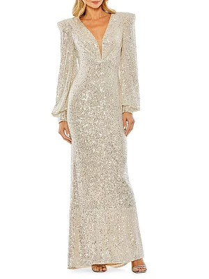 Sequined Blouson-Sleeve Plunge Gown