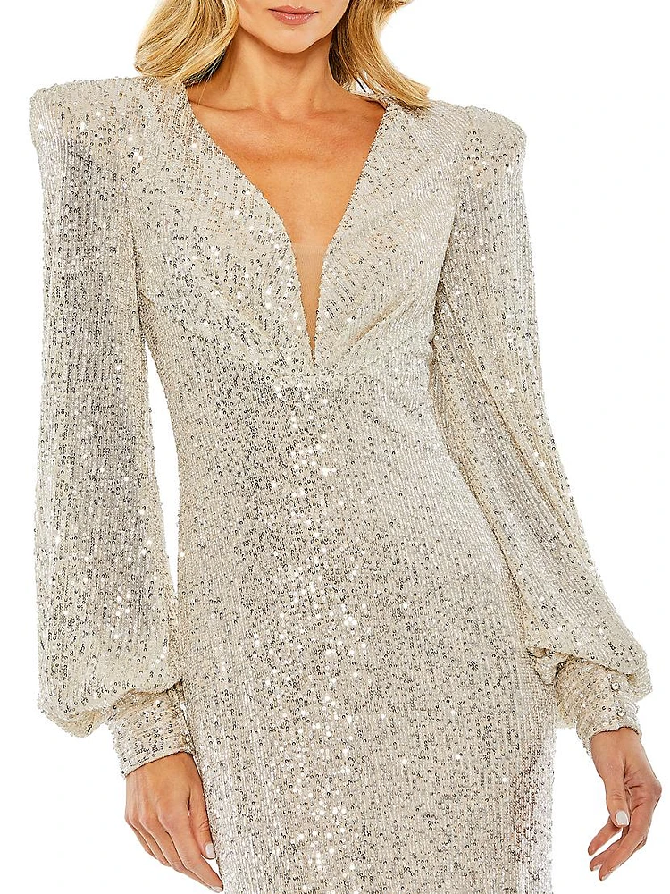 Sequined Blouson-Sleeve Plunge Gown