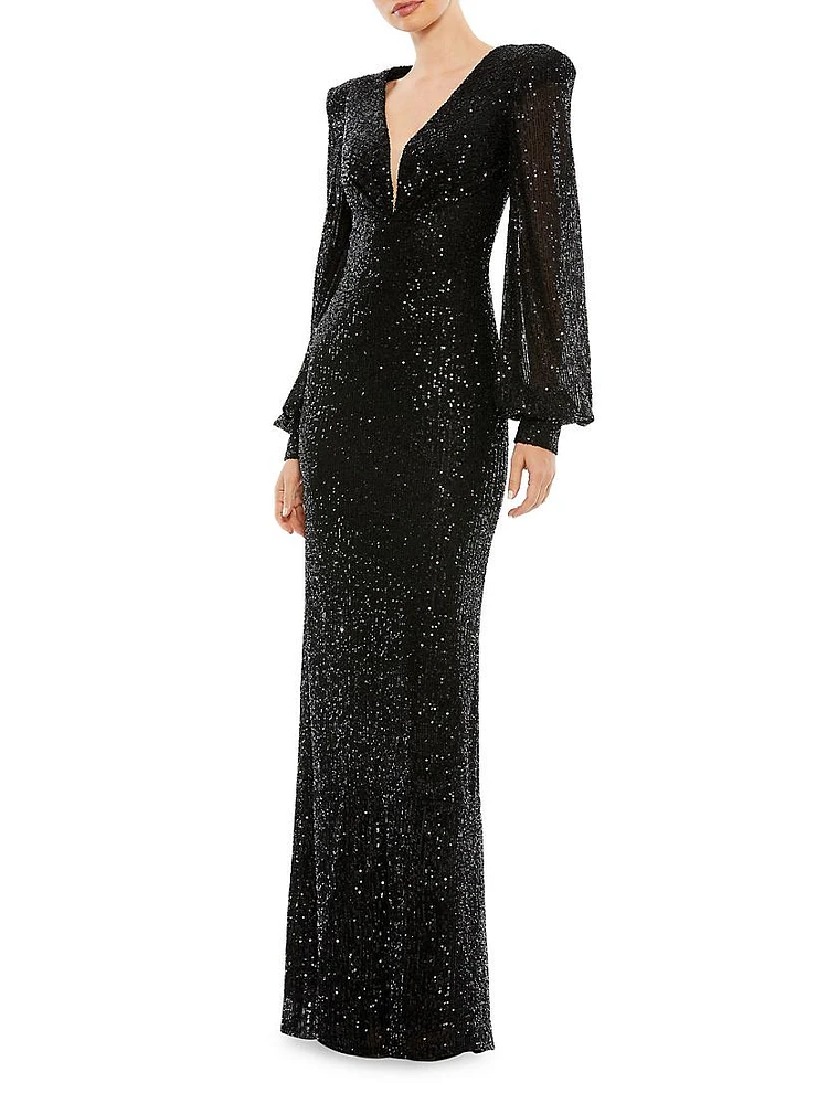 Sequined Blouson-Sleeve Plunge Gown