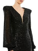 Sequined Blouson-Sleeve Plunge Gown