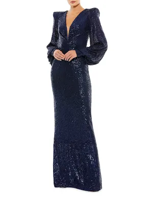 Sequined Blouson-Sleeve Plunge Gown