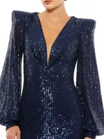 Sequined Blouson-Sleeve Plunge Gown