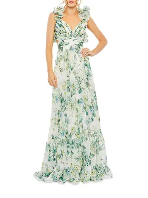 Floral Chiffon Ruffle Lace-Up Gown