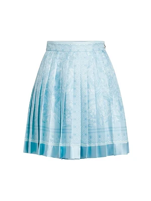 Baroque Print Silk Twill Pleated Miniskirt