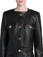 Faux Leather Collarless Jacket