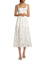 Lucid Dreams Olivia Floral Sequined Linen-Blend Fit & Flare Midi-Dress