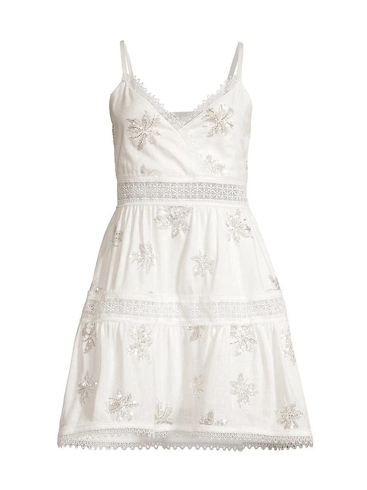 Lucid Dreams Angel Floral Sequined Linen-Blend Tiered Minidress