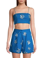 Lucid Dreams Celeste Floral Sequined Linen-Blend Crop Top