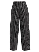 Sequin-Pinstriped Twill Wide-Leg Pants