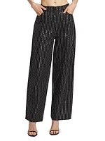 Sequin-Pinstriped Twill Wide-Leg Pants