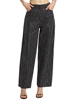 Sequin-Pinstriped Twill Wide-Leg Pants