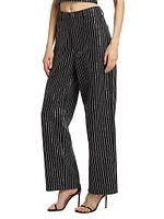 Sequin-Pinstriped Twill Wide-Leg Pants