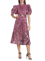 Sequined Puff-Sleeve Midi-Dress