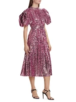 Sequined Puff-Sleeve Midi-Dress