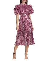 Sequined Puff-Sleeve Midi-Dress