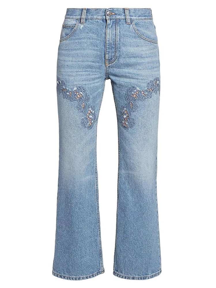 Lace-Detailed Straight Crop Jeans