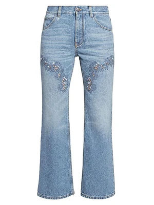 Lace-Detailed Straight Crop Jeans