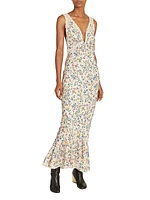 Floral Plunging Flounce Maxi Dress