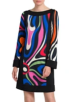 Printed Long-Sleeve Shift Dress