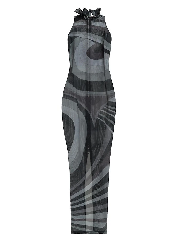 Sleeveless Printed Mesh Gown