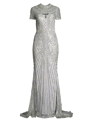 Beaded Short-Sleeve Gown