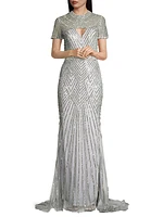 Beaded Short-Sleeve Gown